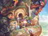 A colorful and whimsical illustration features a group of adventurers in a fantastical landscape, prominently displayed on the cover of the "Land of Eem Core Rulebook." In the foreground, a frog-like character holds a glowing orb, while a diverse group of heroes, including a warrior with a sword and a bard with a lute, gather near a cave entrance adorned with intricate carvings. In the background, a large dragon perches on a rocky outcrop, overlooking a vibrant valley filled with mountains and lush greenery.