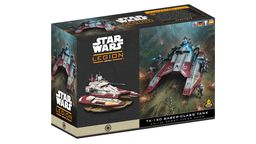 A box for the TX-130 Saber-class Tank expansion from Star Wars: Legion features a prominent illustration of the tank in action, showcasing its sleek design with red and white accents. The box also displays the miniature of the tank prominently on the front, alongside the game's logo and title. The background depicts a lush battlefield scene, enhancing the thematic elements of the Galactic Republic's military presence.