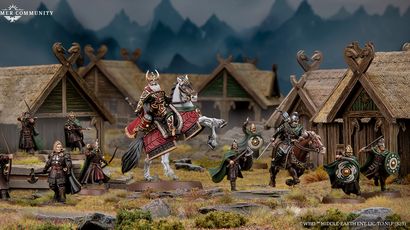 A detailed scene features Helm Hammerhand, King of Rohan, depicted both mounted on an armoured horse and on foot, alongside several Rohirrim warriors. The figures are intricately painted, showcasing vibrant colors and detailed armor, set against a backdrop of rustic wooden structures resembling Rohan architecture. The environment includes rocky terrain and hints of mountainous scenery, enhancing the thematic setting of the Middle-earth Strategy Battle Game.