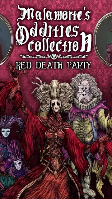 Five stylized figures in elaborate, gothic attire pose against a dark red background. Two circular portraits show a man in a top hat and another in a dark coat. Central text reads: "Malamorte’s Oddities Collection: Red Death Party."