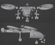 A detailed 3D model of the LARC 2, a sci-fi utility VTOL aircraft, is displayed from a top-down perspective. The model features two prominent anti-grav rotors, a streamlined cockpit, and various modular components including weapons and hardpoints. Surrounding the main body are additional parts such as crew models and flotation upgrades, all rendered in a light gray color against a dark grid background.