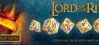 Golden dice with numbers 6, 8, 4, 20, and text "THE LORD OF THE RINGS OFFICIAL DICE SETS AND"