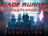 A group of five characters stands in a neon-lit urban environment, embodying a gritty, futuristic aesthetic. They wear dark, stylish clothing, including leather jackets and a hooded coat, suggesting a rebellious vibe. The title "BLADE RUNNER: THE ROLEPLAYING GAME" is prominently displayed at the top, with "REPLICANT REBELLION" in bold red letters at the bottom, emphasizing the theme of resistance against oppression.