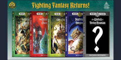 The image features five classic Fighting Fantasy adventure books lined up in a row, each with distinct cover art. From left to right, the titles are: "The Forest of Doom," "The Citadel of Chaos," "City of Thieves," "Deathtrap Dungeon," and "The Warlock of Firetop Mountain," which is marked with a question mark, indicating its cover is yet to be revealed. The covers showcase vibrant illustrations, with themes of fantasy and adventure, and the text prominently displays the titles and authors, Steve Jackson and Ian Livingstone. The background is a dark color, enhancing the visibility of the book covers and the bold title "Fighting Fantasy Returns!" at the top.