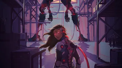 A futuristic industrial setting with a large red neon sign reading "GIRL FRAME" at the top. In the foreground, a woman with long brown hair and glowing red eyes wears a form-fitting suit with circular red accents and a red energy whip. Behind her, a towering red and black mech suit with glowing red eyes and sharp, angular limbs stands in a dynamic pose, as if ready for action. The background features metal scaffolding, pipes, and industrial structures, illuminated by a warm, glowing light.
