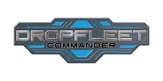 The logo for "Dropfleet Commander" features a sleek, metallic design with a combination of silver and blue colors. The word "DROPFLEET" is prominently displayed in bold, silver letters, while "COMMANDER" is positioned below in a slightly smaller font. The background includes angular shapes and lines that enhance the futuristic and sci-fi aesthetic of the game.