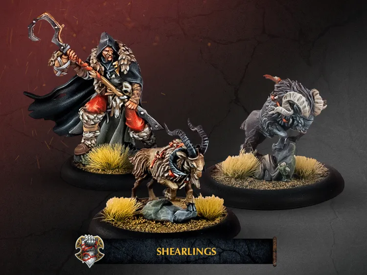 A hooded figure wielding a staff and a sickle stands prominently on the left, dressed in rugged clothing with a dark cloak. To the right, two goat-like creatures, known as Shearlings, are depicted; one has large, twisted horns and a fur pattern that suggests a wild appearance, while the other appears more docile. In the background, a shadowy landscape with tufts of grass enhances the mystical atmosphere of the scene.