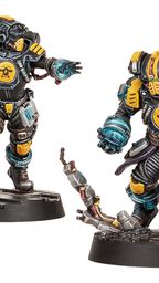 Two miniatures of Psi Judges Palanite Enforcers are displayed, showcasing their distinct designs. On the left, a Psyrender is depicted with a sleek black and yellow suit, featuring blue accents and a skull emblem on the chest, gesturing as if using psychic powers. On the right, a Bonecrusher stands in a more imposing stance, with a bulkier frame and similar color scheme, holding a weapon that appears to be a twisted piece of metal. Both figures are mounted on circular bases, set against a simple dark background.
