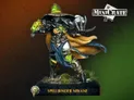 A detailed miniature of Spellbinder Nekane stands prominently, showcasing intricate armor and a flowing cape. The figure features a green and gold color scheme, with a distinctive hat and a weapon in one hand, set against a gradient background of orange and green. The base is adorned with grass, enhancing the overall presentation of the character.