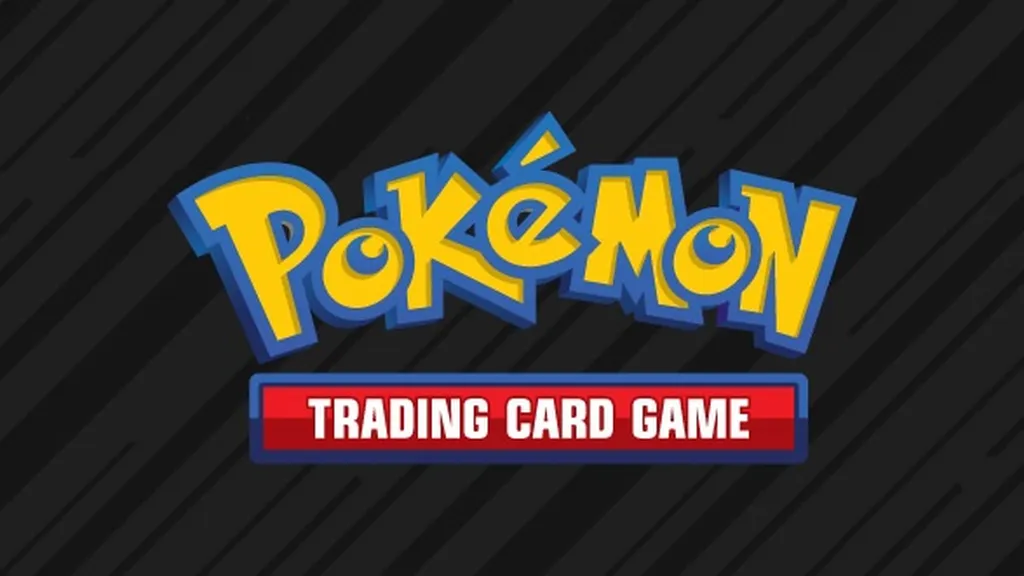 Pokémon logo in yellow and blue 3D letters on black diagonal striped background. Below it, red banner with white text reading "TRADING CARD GAME."