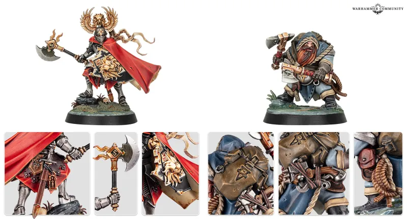 A stout duardin ranger named Drolf Ironhead stands ready for adventure, wielding an axe in one hand and a crossbow slung across his back. He wears a blue cloak and has a large backpack filled with various adventuring gear, while his belt is adorned with multiple tools and weapons. The base of the miniature features a patch of grass, adding to the character's rugged appearance.