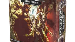 A box for the "Dungeons & Dragons Onslaught: Tomb of Horrors - Maps & Monsters Expansion" features dramatic artwork depicting a menacing demilich and various monstrous figures. The box is predominantly dark with splashes of color, showcasing intricate details of the characters and elements from the dungeon. The title "ONSLAUGHT" is prominently displayed at the top, along with the subtitle and branding for Wizkids.