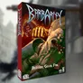 The image features the box art for the card game "Barbarity" by Henge Games. The artwork showcases a muscular barbarian with a fierce expression, blood dripping from his mouth, and an exaggeratedly large fist in the foreground, suggesting a violent confrontation. The title "BARBARITY" is prominently displayed in a stylized font at the top, while the tagline "Bloody. Good. Fun." is featured at the bottom. The color palette includes dark tones with splashes of red, enhancing the game's theme of chaotic combat. The overall design evokes a sense of humor and fantasy, appealing to fans of the genre.