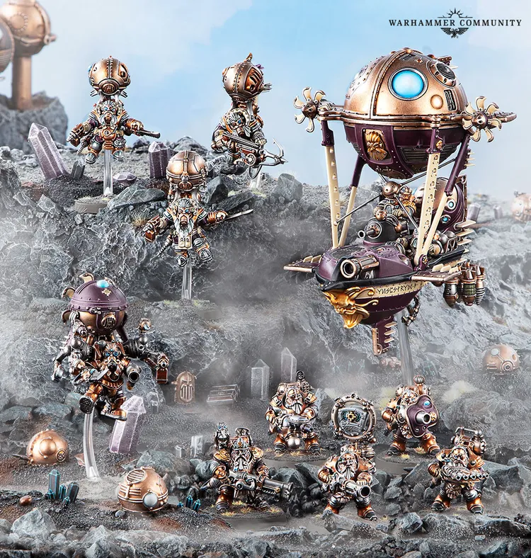A group of intricately designed Kharadron Overlords miniatures is displayed on a rocky terrain, showcasing their steampunk aesthetic. The figures, featuring metallic colors of bronze and gold, include various duardin in nullsuits, armed with cutlasses and pistols, alongside a dirigible airship hovering above. Crystals and rocky formations add depth to the scene, enhancing the adventurous theme of these flying dwarves.