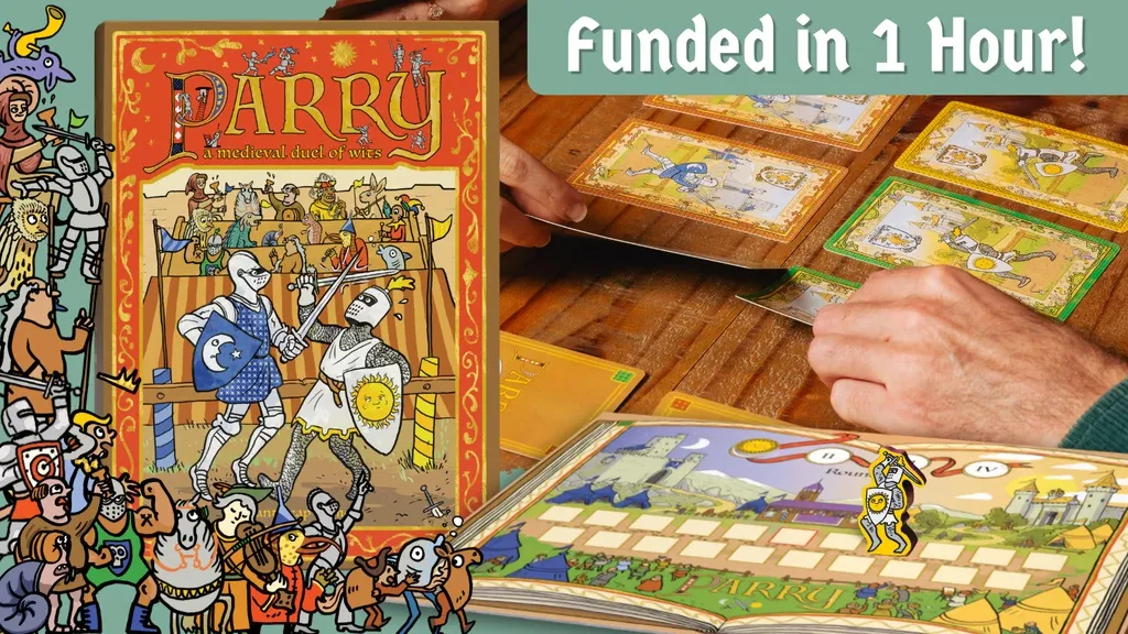 "Parry: a medieval duel of wits" game box with cartoon knights dueling.