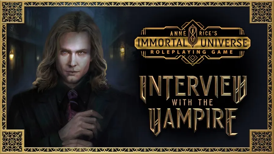A man with long brown hair, pale skin, and a serious expression, wearing a dark suit jacket, purple tie, and white shirt. Dark, ornate background with partial text reading "IMMORTAL" and "Renegade Game Studios" logo.