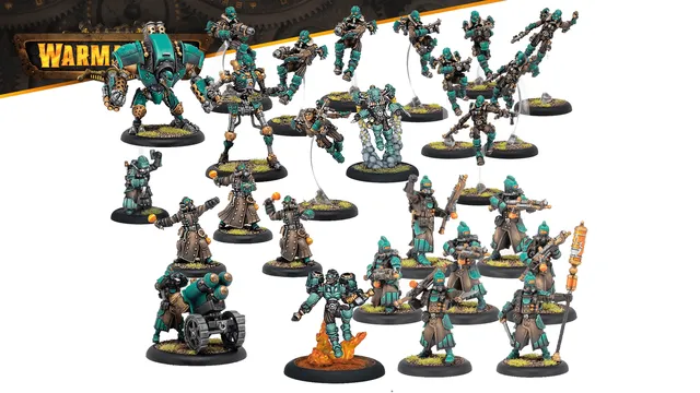 A diverse array of miniatures from the Crucible Guard expansion for Warmachine is displayed, featuring a mix of infantry and warjacks. The models are predominantly teal and brown, showcasing various characters including a heavy warjack, infantry soldiers, and combat alchemists, all set on circular bases with grassy textures. Notable elements include a warjack with a large cannon, soldiers wielding grenades, and a figure emitting flames, highlighting the faction's unique combat style and thematic elements.