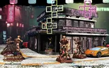 A cyberpunk building with "ALGO" signs, neon Chinese characters, and miniatures outside.