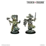 Two intricately designed miniatures from the Trench Crusade: Carcass Front game are displayed. On the left, a cloaked figure wields an axe and holds a bell, adorned with chains and tattered clothing. On the right, a more armored character brandishes a sword and is equipped with various religious symbols and a large cross, standing on a rocky base. Both figures exhibit a grimdark aesthetic, reflecting the game's alternate-history theme.