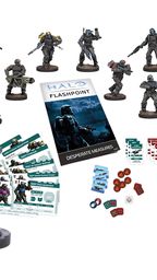 A collection of miniatures and game components from the Halo: Flashpoint series is displayed. In the foreground, two detailed resin miniatures represent UNSC Marine veteran Edward Buck and Captain Dare, both in combat-ready poses. Surrounding them are additional miniatures of Orbital Shock Troops, along with a booklet titled "HALO FLASHPOINT DESPERATE MEASURES," various character cards, and tokens for gameplay, all set against a white background.