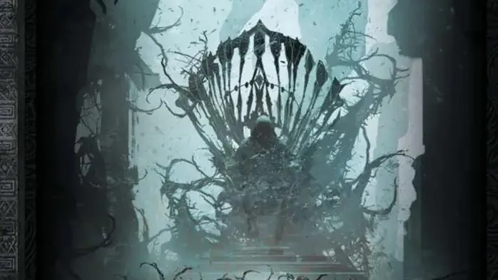 Dark throne of thorns with shadowy figures below. Text: "The Throne of Thorns III THE HAUNTED WASTE | DAVOKAR AWAKENS"