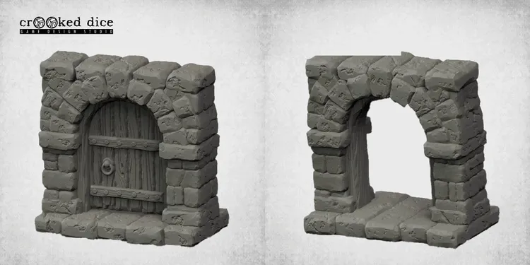 A sculpted dungeon block features a stone archway with a wooden door, detailed with a metal handle and horizontal planks. The block is textured to resemble rough stone, with various sizes of stones stacked to create a sturdy appearance. This modular piece is designed for tabletop gaming, allowing for customizable dungeon layouts.
