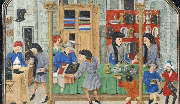 "The Merchant's Ledger" text above a medieval shop scene with people and goods.