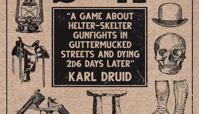 The cover of "Frontier Scum" by Karl Druid. The background is a textured beige. Surrounding the central text are various black-and-white illustrations: a wagon, a lantern, a saddle, a revolver, a stool, a pair of boots, a bowler hat, a skull, a snake, and a cockroach. The central text reads: "FRONTIER SCUM" at the top in large, bold letters. Below, in a black box, it says: "A game about helter-skelter gunfights in guttermucked streets and dying 2d6 days later" and at the bottom of the box, "KARL DRUID".