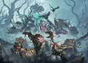 A dynamic scene features a variety of characters and creatures from the Old Umbrey Command Starter and Battlegroup Box. In the foreground, a fierce, wolf-like warbeast with red markings stands alongside a soldier aiming a rifle, while a small bird perches nearby. In the background, a witch in flowing robes commands a spectral figure, flanked by various warbeasts and warriors, all set against a misty, eerie landscape filled with twisted trees and shadowy figures.