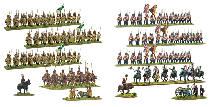 A collection of detailed miniature figures representing armies from the Crimean War is displayed. On the left, a group of Russian soldiers in tan uniforms, some holding a flag, stands in formation. On the right, British soldiers in red coats and blue trousers are arranged in multiple ranks, with several figures holding flags. In the foreground, cavalry units and an artillery piece are also visible, showcasing a variety of poses and equipment typical of the era.