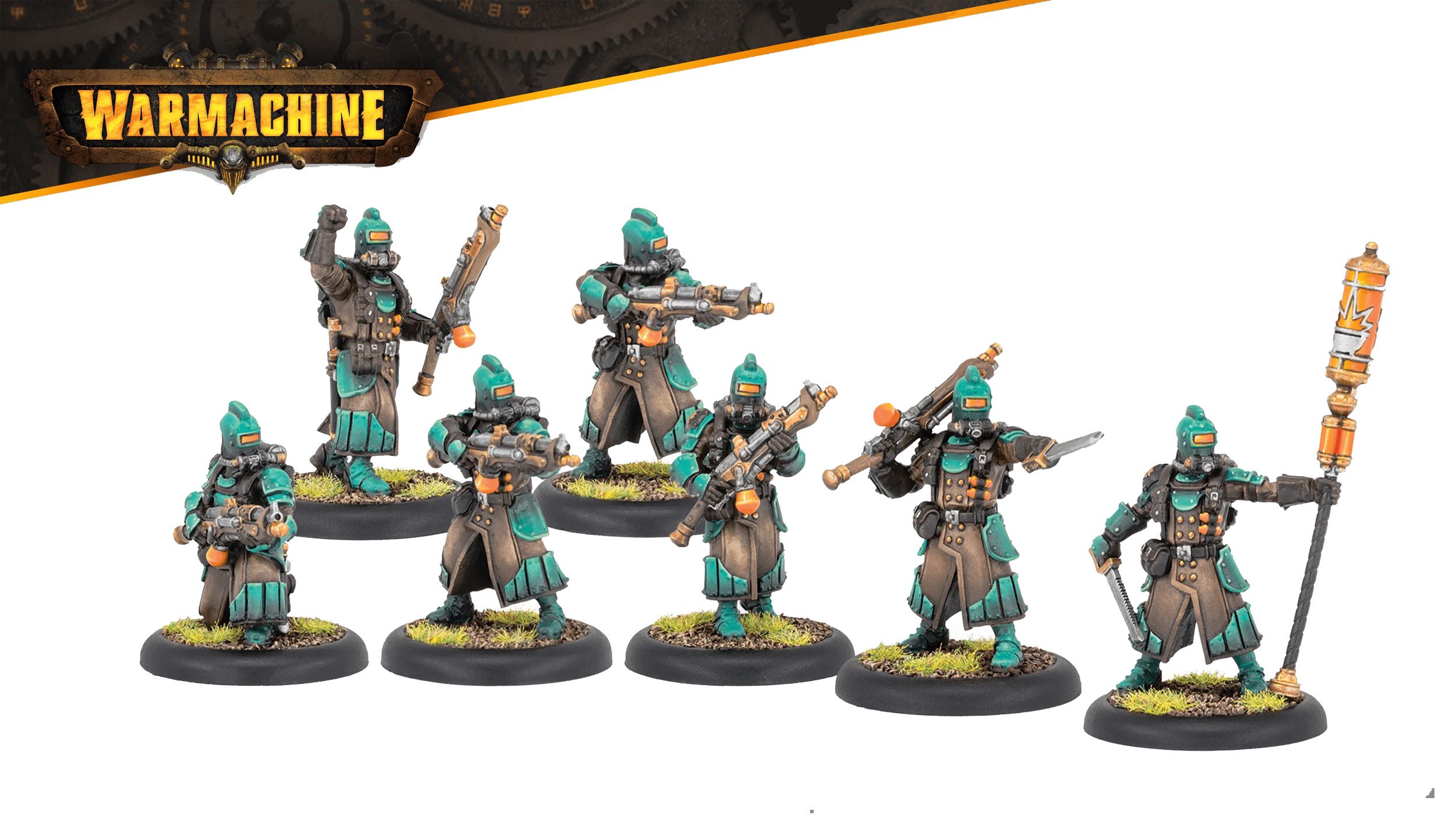 A group of six Crucible Guard infantry figures stands in a dynamic formation, each wearing distinctive teal and brown uniforms with helmets. They are equipped with various firearms, showcasing a mix of poses that suggest readiness for combat. The bases are adorned with tufts of grass, adding a touch of realism to the miniatures.