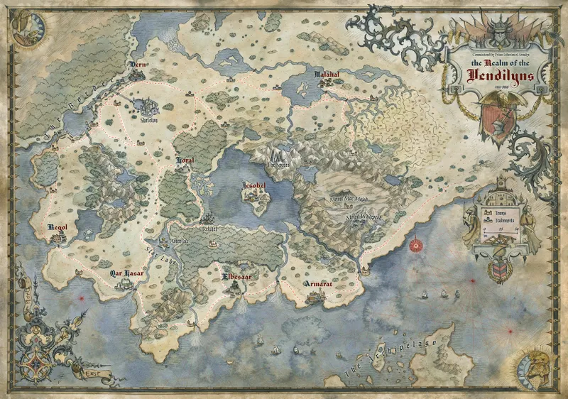 A detailed fantasy map depicting the world of Symbaroum, featuring various regions and locations marked with names such as "Davokar," "Joral," and "Elbesaar." The landscape includes mountains, rivers, and coastlines, with intricate borders and decorative elements enhancing the overall aesthetic. Small ships are illustrated in the waters, adding to the sense of exploration and adventure within this dark fantasy setting.