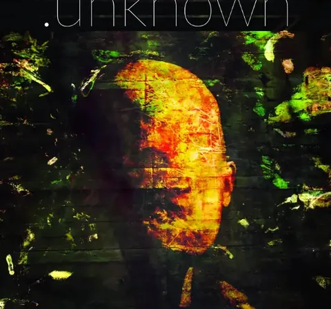 Distorted, glowing face silhouette in dark, abstract background. Overlaid text reads: "ID//eNtiTY unknown."