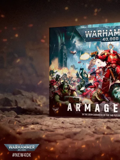 A dynamic box cover for "Warhammer 40,000: Armageddon" features a fierce battle scene between Space Marines and Orks. Prominent in the foreground is a red-armored Space Marine wielding a bolter, while various Ork figures are depicted in aggressive poses. The title "ARMAGEDDON" is displayed boldly at the bottom, accompanied by the tagline "In the grim darkness of the far future there is only war."