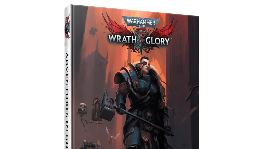 A physical book titled "Adventures in Gilead" for Warhammer 40,000 Roleplay: Wrath & Glory is prominently displayed, featuring a striking cover illustration. The cover depicts a heavily armored character wielding a large hammer, standing in a dark, ominous environment filled with shadowy figures and gothic architecture. The title and logo are clearly visible at the top, with the subtitle "Adventures in Gilead" featured prominently at the bottom.