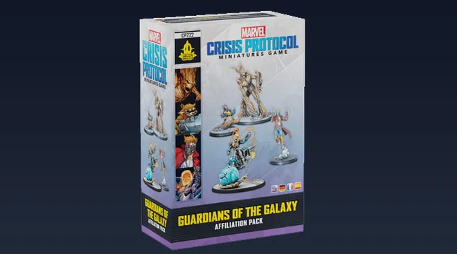 A box for the "Guardians of the Galaxy Affiliation Pack" for Marvel: Crisis Protocol features dynamic illustrations of the miniatures included, such as Star-Lord, Rocket, Groot, and Cosmic Ghost Rider. The packaging prominently displays the title "GUARDIANS OF THE GALAXY" at the bottom, with the Asmodee logo and game branding visible. The background is dark, enhancing the vibrant colors of the figures and the overall design.
