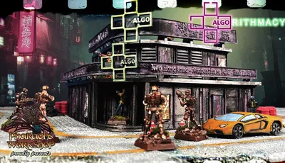 A cyberpunk building with "ALGO" signs, neon Chinese characters, and miniatures outside.