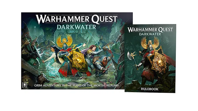 The image features the box art for "Warhammer Quest: Darkwater," showcasing a dynamic scene of heroes engaged in battle against various foes in a dark, murky environment. Prominent characters include a knight with a lion-emblazoned shield, a warrior wielding a spear, and a female character with flowing hair, all set against a backdrop of ominous creatures and ruins. To the right, the rulebook is displayed, featuring similar artwork and the title "Warhammer Quest: Darkwater."