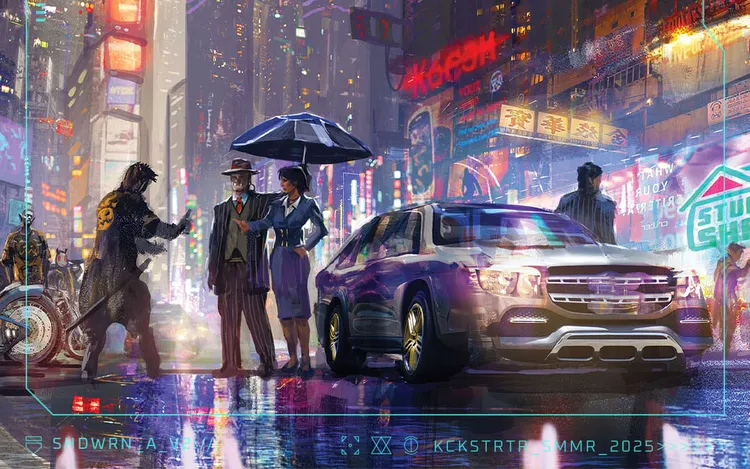 A stylish, futuristic scene set in a vibrant, neon-lit cityscape, featuring a sleek, silver vehicle parked on a rain-soaked street. In the foreground, a man in a fedora and a woman in a tailored outfit stand together, the woman holding a black umbrella. The background is filled with colorful signs and reflections, enhancing the cyberpunk atmosphere of the setting.