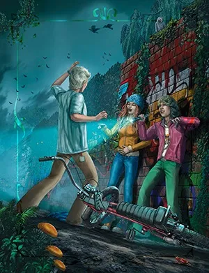 Three people stand in an urban setting with a brick wall covered in graffiti behind them. On the left, a person with short blonde hair, wearing a light blue t-shirt and beige pants, leans on a red bicycle with a white seat, holding a smartphone in one hand. In the center, a person with long red hair, wearing a mustard yellow top and blue jeans, stands with hands on hips. On the right, a person with long brown hair, wearing a pink jacket and green pants, stands with one hand on their hip and the other arm bent. The background includes green foliage, a blue glow, and flying birds. A frisbee and other scattered objects are on the ground.