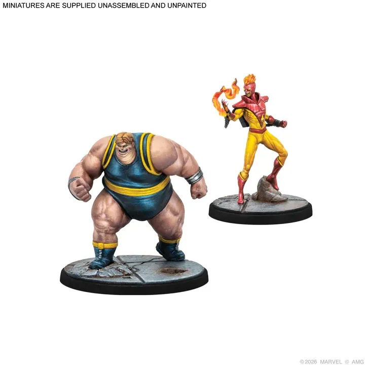 Two painted miniatures: a muscular man in a blue singlet and a man in a red and yellow suit holding flames.