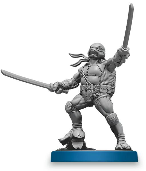 A detailed gray miniature of Leonardo, one of the Teenage Mutant Ninja Turtles, is posed dynamically with two swords raised. He stands on a blue base, showcasing his muscular build and signature bandana. The figure captures his fierce expression and iconic armor, emphasizing his role as a skilled fighter in the upcoming Unmatched Adventures game.