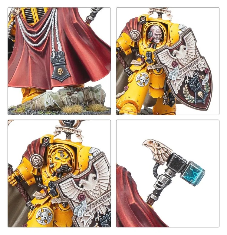 A dynamic miniature of Darnath Lysander in his iconic yellow Terminator armour, showcasing intricate details such as the relic storm shield Rampart and the Fist of Dorn power hammer. The figure stands on a rocky base, adorned with a flowing red cape and various insignia, including a prominent eagle motif on the shield. Close-up views highlight the craftsmanship of the hammer and the ornate decorations on his armour.