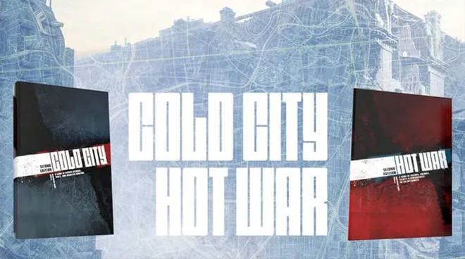 The image features two RPG rulebooks side by side: "Cold City" on the left and "Hot War" on the right. "Cold City" has a dark cover with a blue and black color scheme, while "Hot War" features a red and black design. Both titles are prominently displayed in bold, white lettering against a backdrop that suggests a map or urban landscape, hinting at the themes of conflict and exploration in their respective settings.