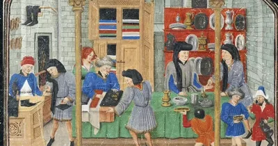 "The Merchant's Ledger" text above a medieval shop scene with people and goods.