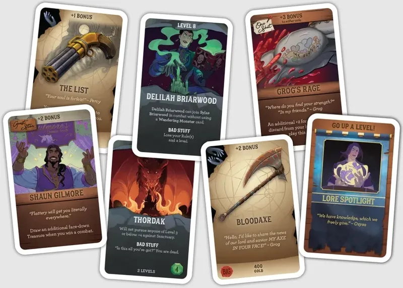 A collection of illustrated cards from a card game. The cards have various titles and descriptions, including "THE LIST," "DELILAH BRIARWOOD," "GROG'S RAGE," "THORDAK," "BLOODAXE," and "LORE SHEET." Each card features unique artwork and text, with some cards showing characters, objects like a hammer and an axe, and fantasy-themed scenes. The card titled "DELILAH BRIARWOOD" has the text "LEVEL 8" and "Delilah Briarwood can join Sylas Briarwood in combat without using a Wandering Monster card. BAD STUFF Lose your Role(s) and a level." The card titled "GROG'S RAGE" has the text "+3 BONUS to either side" and a quote from Grog. The card titled "THORDAK" has the text "Will not pursue anyone of Level 3 or below +4 against Sanctuary. BAD STUFF 'Is this all you've got? You are dead.'" The card titled "BLOODAXE" has the text "+2 BONUS