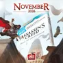 A woman in Assassin’s Creed attire mid-leap over a rooftop, holding a Hidden Blade. A box for Assassin’s Creed: Trial of the Initiate with text: "UNLOCK! READY-TO-PLAY TABLETOP EDGE GAME. DIY VIDEO GAME. £6.99. ASSASSIN’S CREED. TRIAL OF THE INITIATE." Space Cowboys logo at bottom.