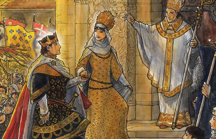 Illustrated book cover for *Pendragon: Noble's Handbook*. At the top, bold white text reads "Noble's Handbook" against a red banner with ornate gold trim. Above this, a blue banner with a gold border displays the word "Pendragon" in white capital letters.

The scene depicts three central figures in medieval attire. On the left, a knight in black and gold armor with a red cloak holds a sword and stands before a crowd of armored soldiers carrying flags bearing a red cross on a white and blue background. In the center, a woman in an elaborate golden dress and crown descends stone steps flanked by intricately carved pillars. To the right, a bishop in white and gold robes, mitre, and carrying a staff stands on the steps, raising a hand in blessing or greeting. At the bottom right, a kneeling man in blue tunic and brown hose appears to be polishing the bishop’s shoes. The background features detailed stone architecture with decorative carvings.