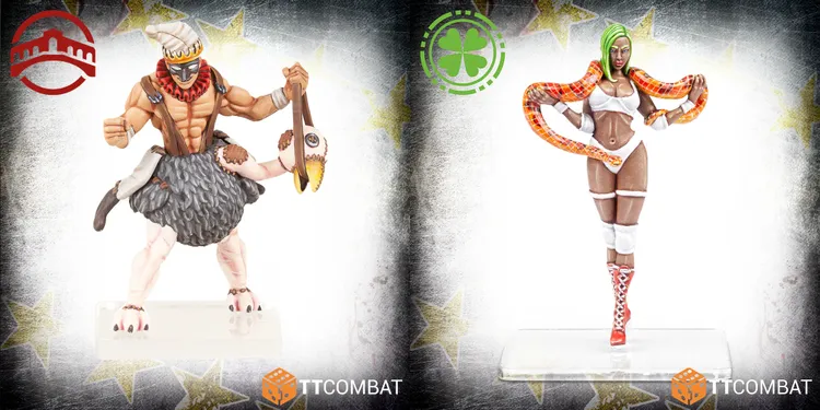 A female miniature character stands confidently, adorned with vibrant green hair and a striking outfit that includes a white top and shorts. She holds a colorful snake draped around her shoulders, adding a dynamic element to her pose. The figure is displayed on a clear base, with a backdrop featuring subtle star patterns, enhancing the overall visual appeal.