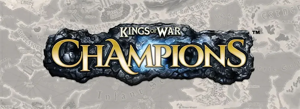 The logo for "Kings of War: Champions" features bold, stylized text with "KINGS OF WAR" in gold above "CHAMPIONS," which is highlighted in a bright blue against a textured black stone background. The design conveys a sense of fantasy and adventure, suitable for a tabletop gaming theme. The backdrop includes a faint map-like texture, suggesting a rich game world.